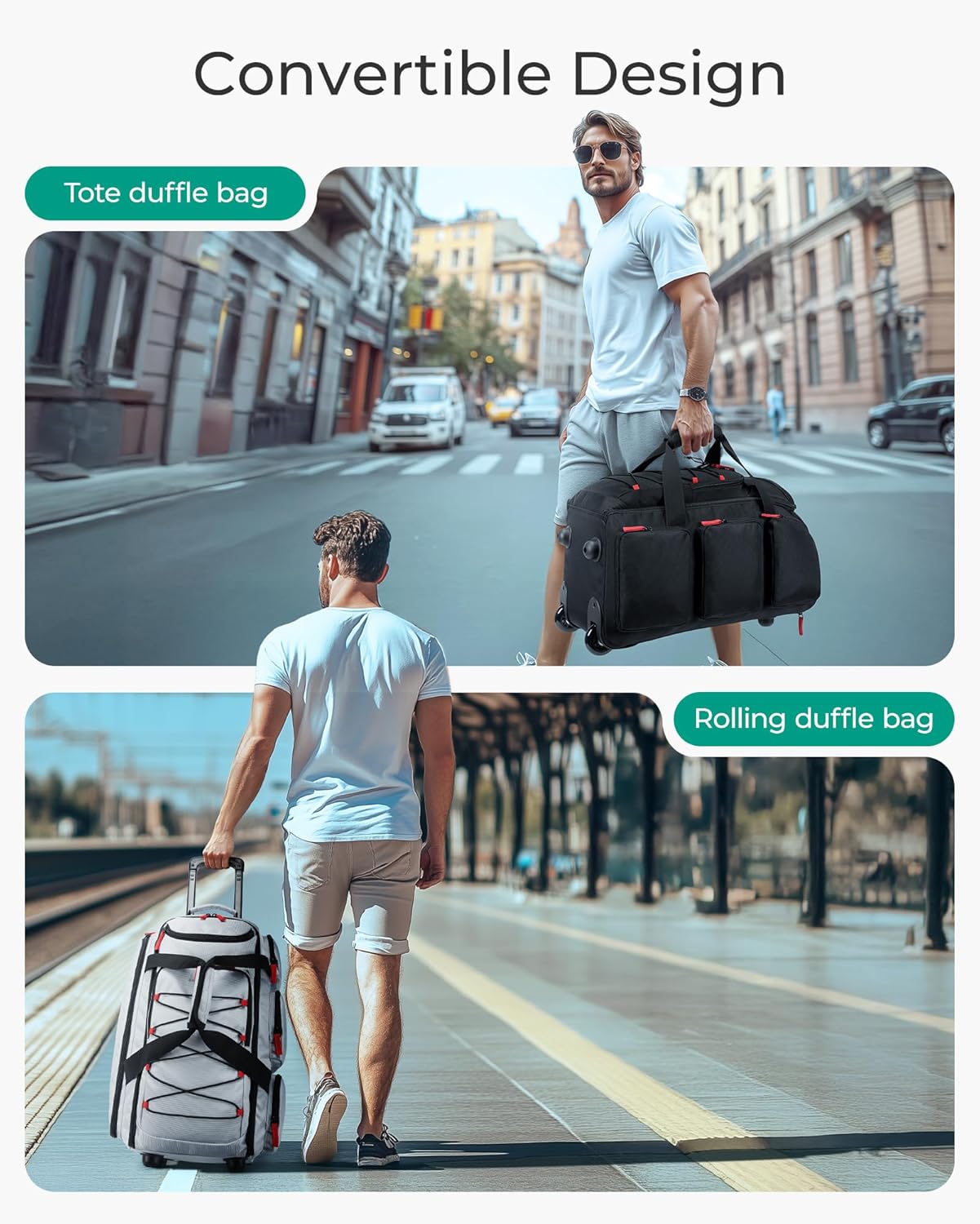 BAGSMART Rolling Duffle Bag with Wheels, 36L Travel Bag with Water-proof Pockets, Airline-Approved Carry On Duffel Bag with Handle, Black