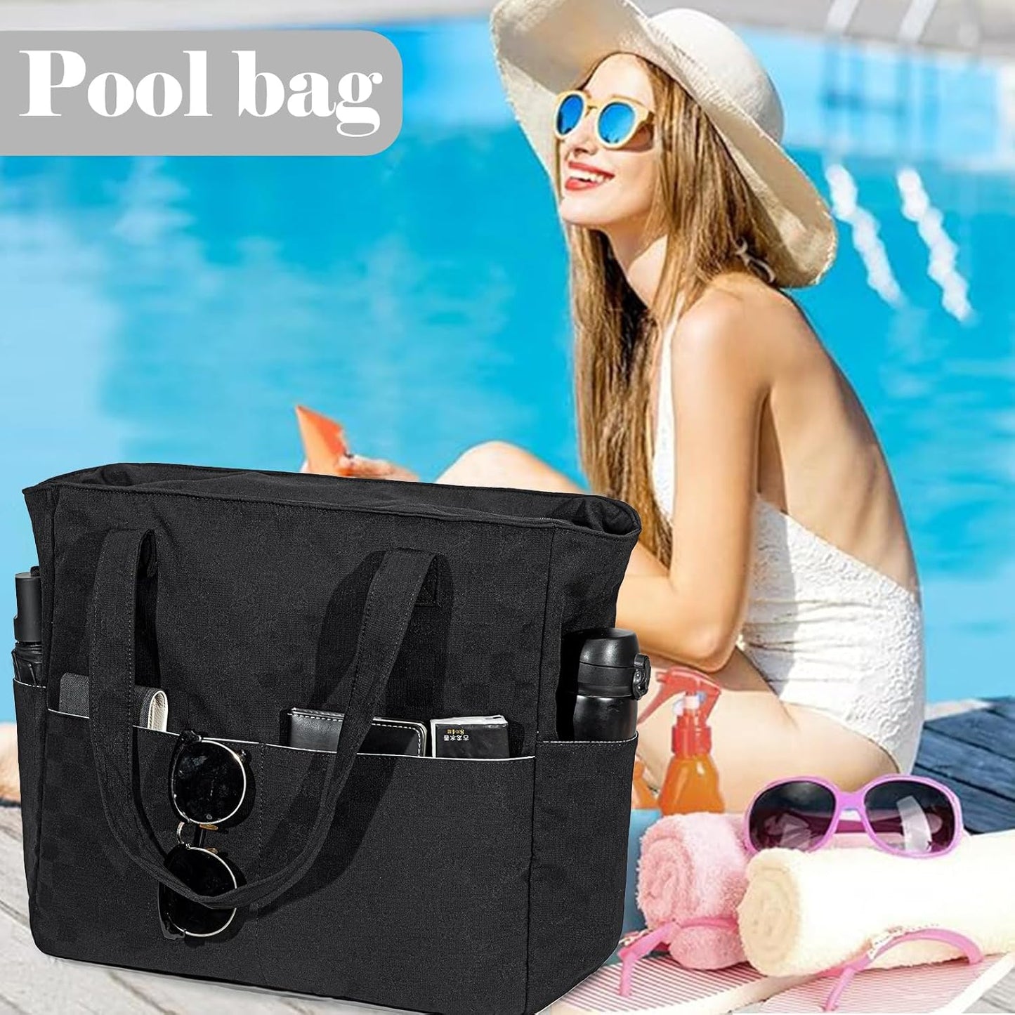 LEDAOU Beach Bag Waterproof Sandproof Women Tote Bag Pool Bag with Zipper for Gym Grocery Travel with Wet Pocket