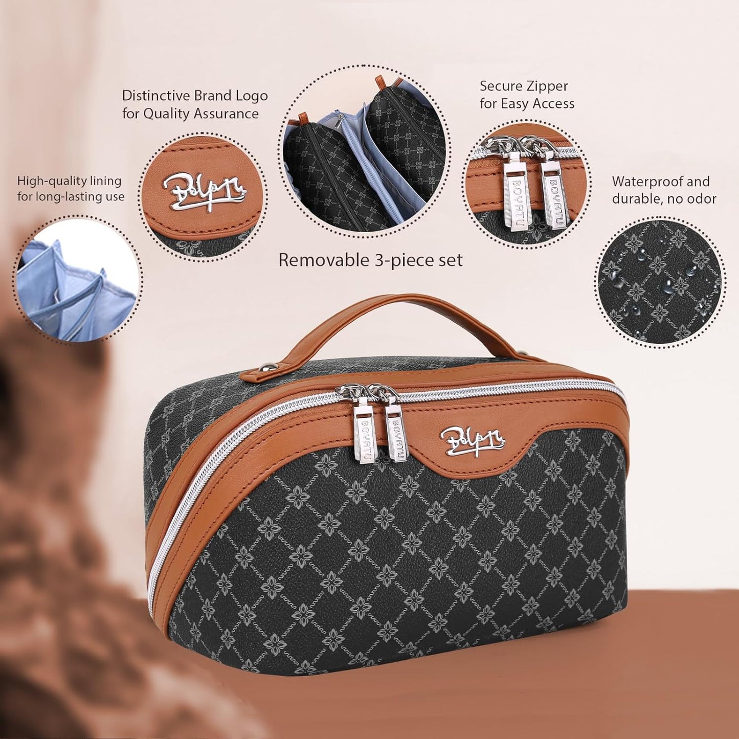 BOYATU Travel Makeup Bag Cosmetic Bags for Women: 3 Pcs Set Large Portable Make up Bag with Handle - Vegan Leather Toiletry Bags with Compartments - Makeup Organizer for Travel Essentials(A-4-Black)