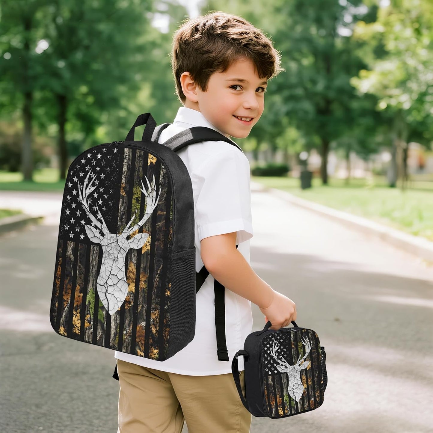 Deer Hunting Kid Backpack Set with Lunch Bag & Pencil Case Large Capacity School Bag 17 Inch Bookbag for Boy Girl