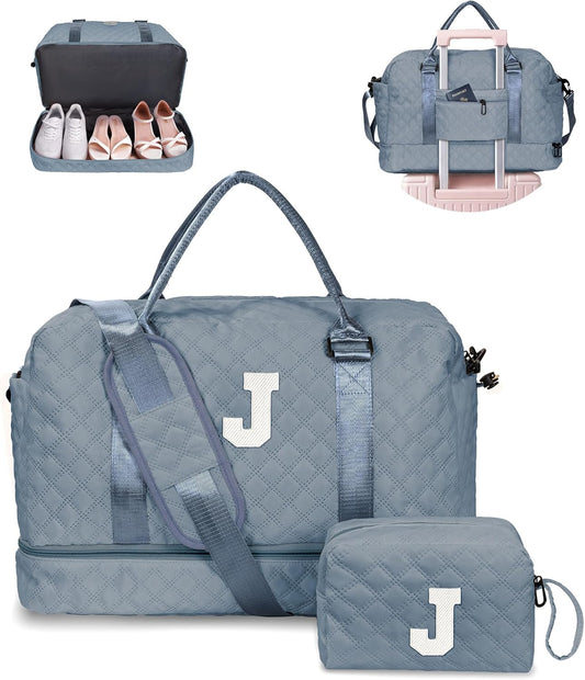 Women's Weekender Bag - Personalized Monogram Overnight Travel Bag with Shoulder Strap & Trolley Sleeve, Wet Pocket - Letter J