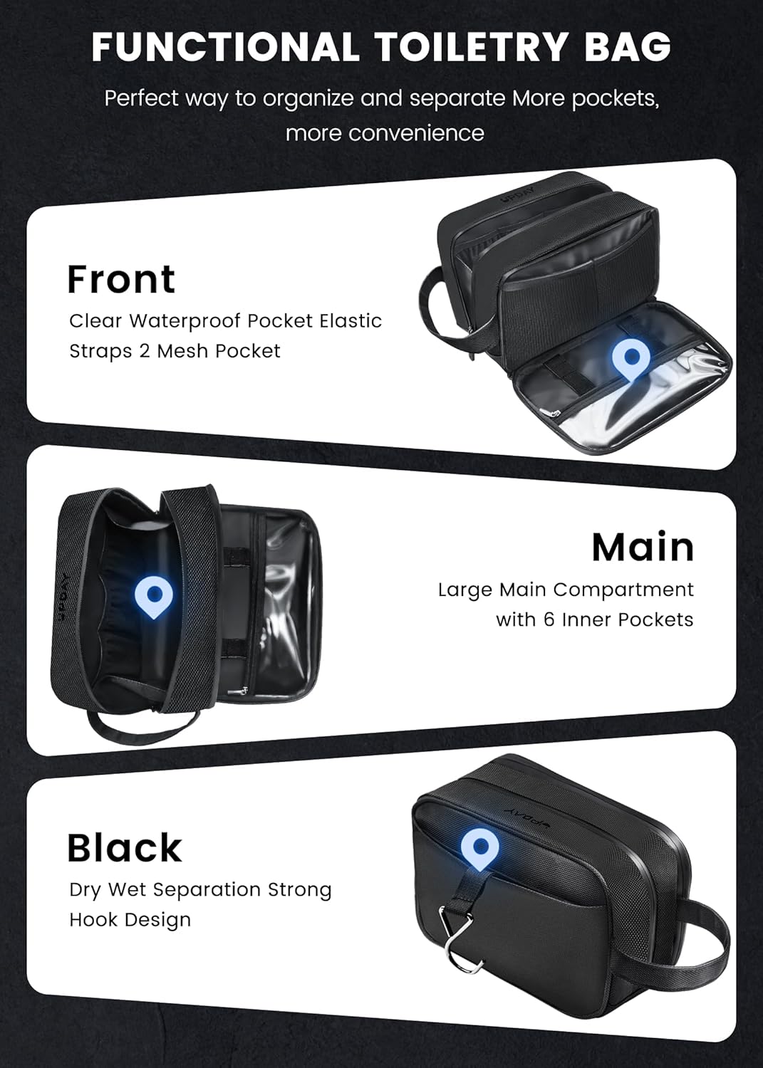 Toiletry Bag for Men, Travel Toiletry Organizer Hanging Dopp Kit, Water-Resistant Shaving Bag for Traveling Toiletries Accessories, Waterproof Mens Toiletry Travel Bag with 11 Compartments, Metal Hook