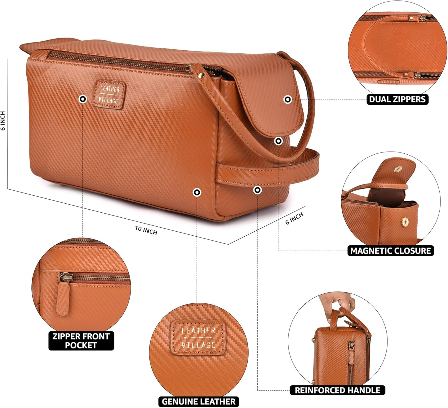 LEATHER VILLAGE Premium Carbon Fiber Genuine Leather Travel Toiletry Bag - Large Compact Dopp Kit, Water-Resistance Shaving & Cosmetic Organizer for Men & Women - Tan