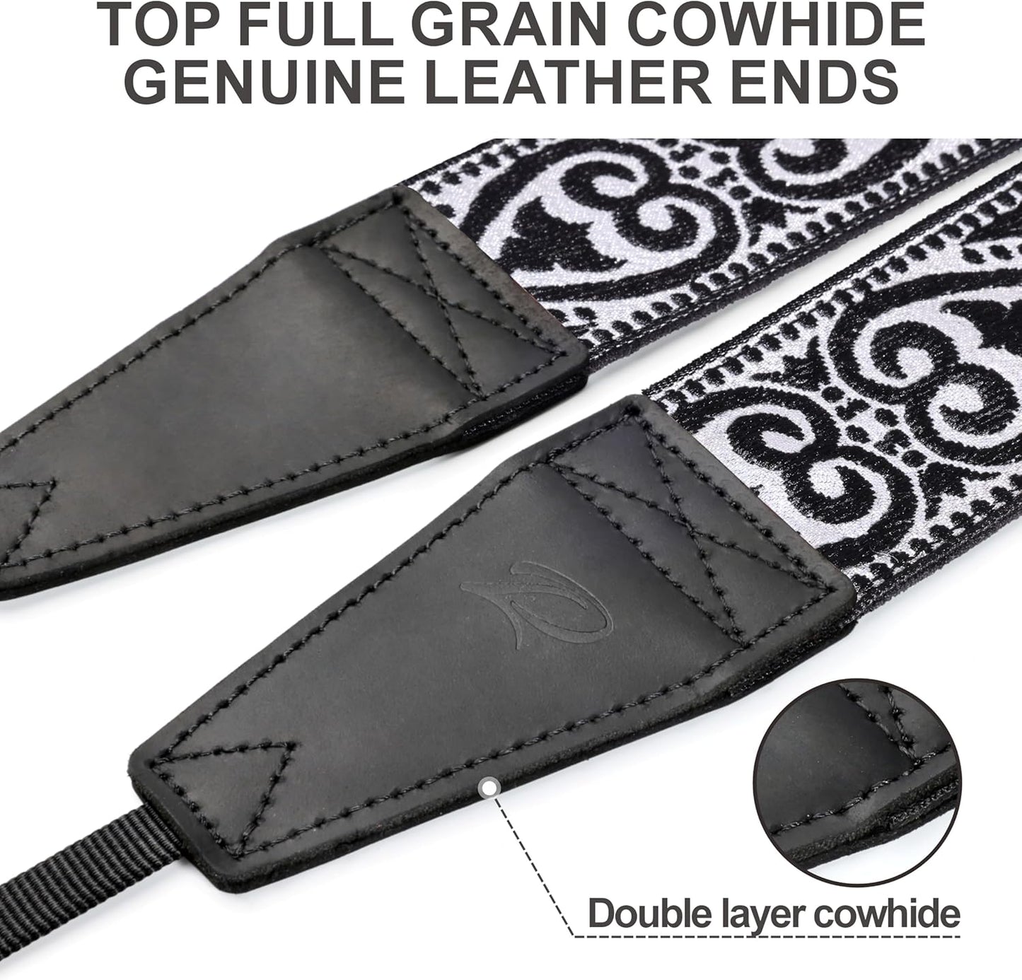 Padwa Lifestyle Camera Strap - 2" Full Grain Leather Ends Camera Straps for Photographers, Vintage Silver Embroidered Cotton Weave Soft Suede Fabric Padded Strap Quick Release fits All Cameras