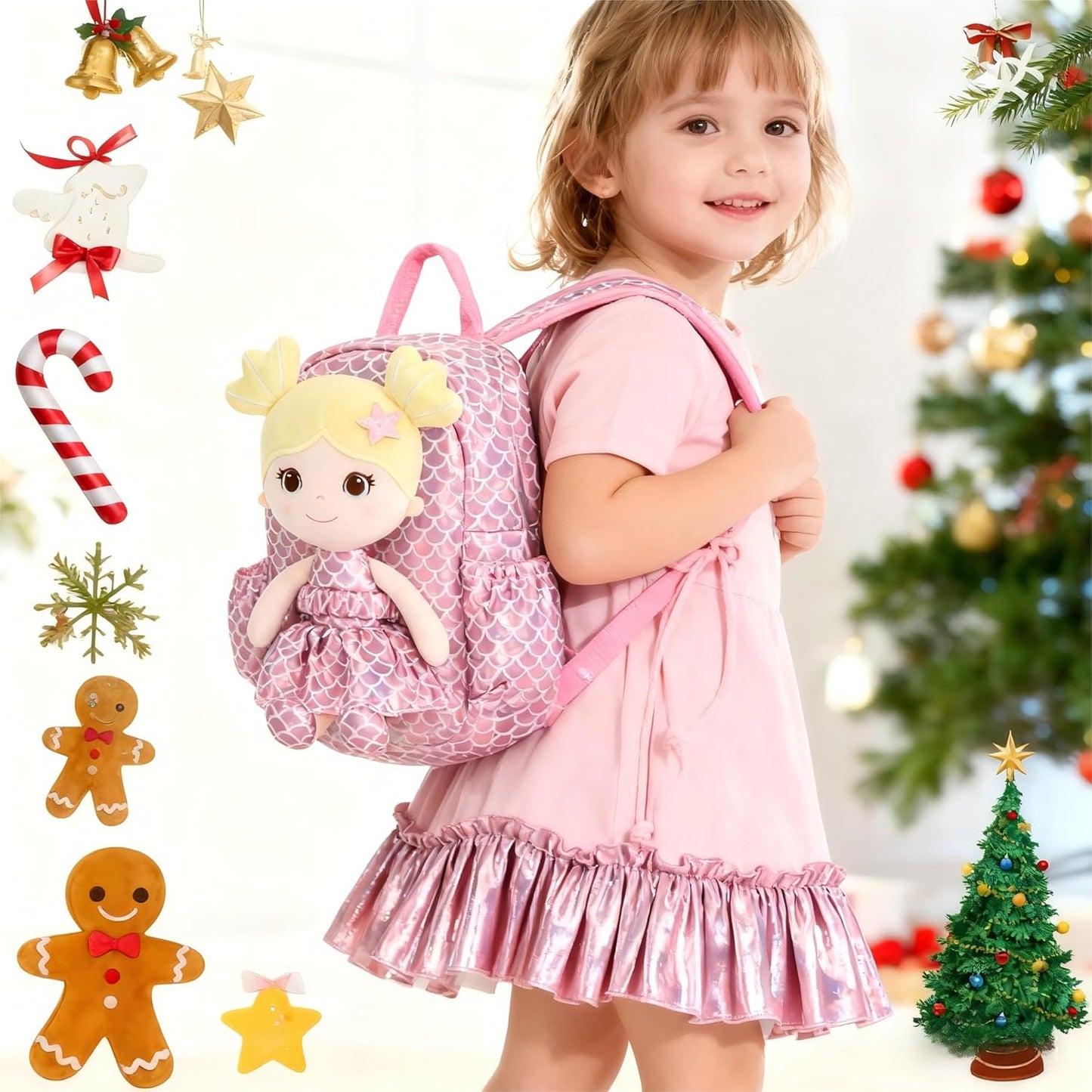 Lazada Toddler Backpack - Baby Girl Gifts Plush Doll Dress Backpack - Fashion Girls Tina Fish Scale Series - Pink11 Inches