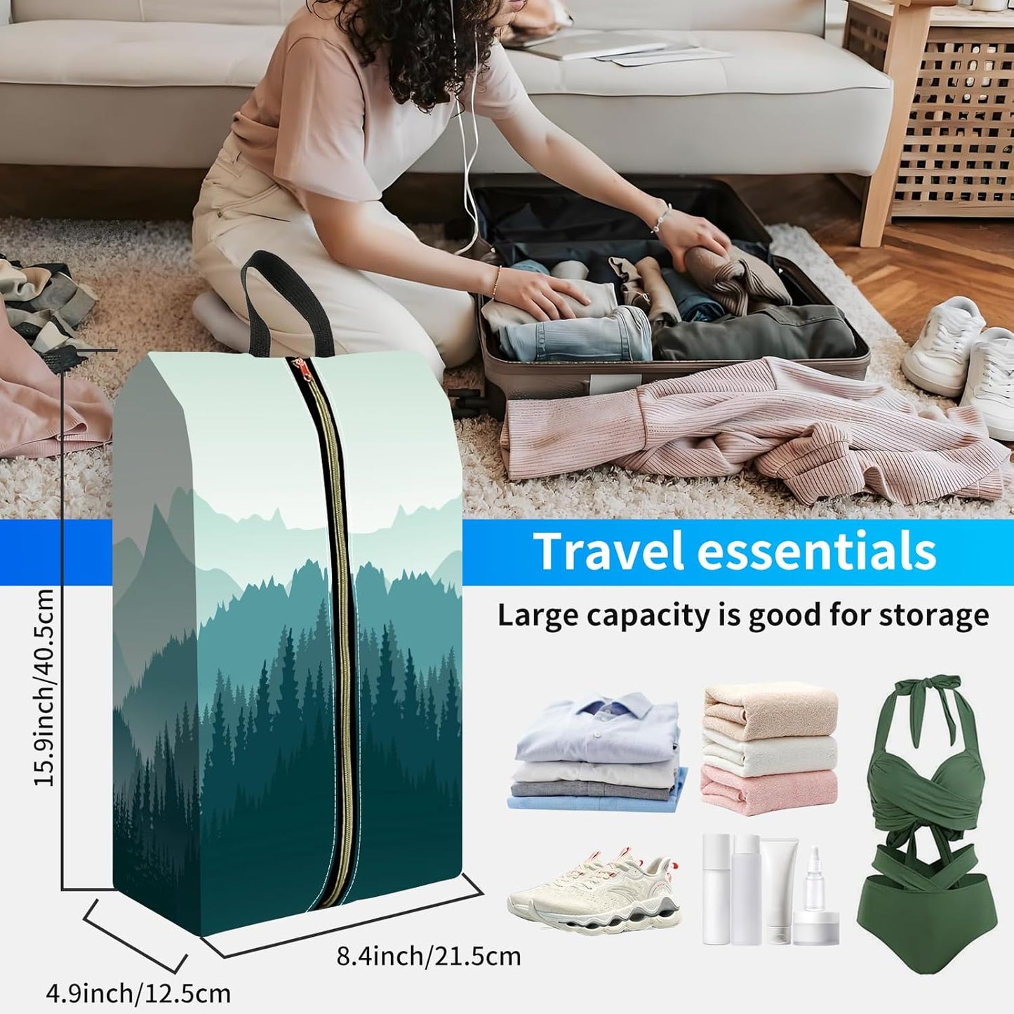 2pcs Shoe Organizer for Travel, Packing Shoe Travel Bags, Cute Shoe Bag with Zipper & Handle, Portable Travel Essentials for Women and Men Green Mountain
