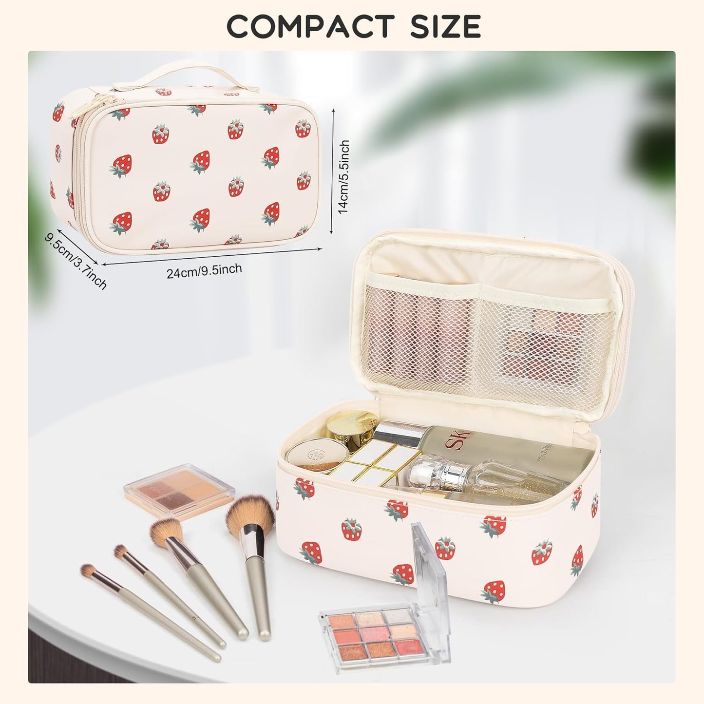 Relavel Makeup Bag, Small Makeup Bag for Women, Travel Cosmetic Bag, 2 Layers Waterproof Makeup Organizer Storage with Makeup Brush Holder, White Straberry