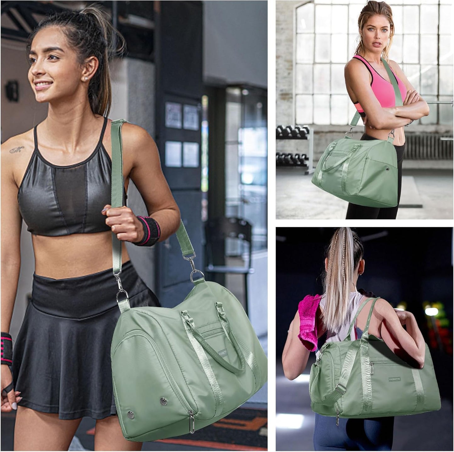 FIORETTO Womens Gym Tote Duffle Bag with Wet Pocket & Shoe Compartment, Sports Duffel Overnight Weekender Hospital Workout Carry on Bag for Girls, Ideal for Travel, Swimming, Dance, Ballet Celadon
