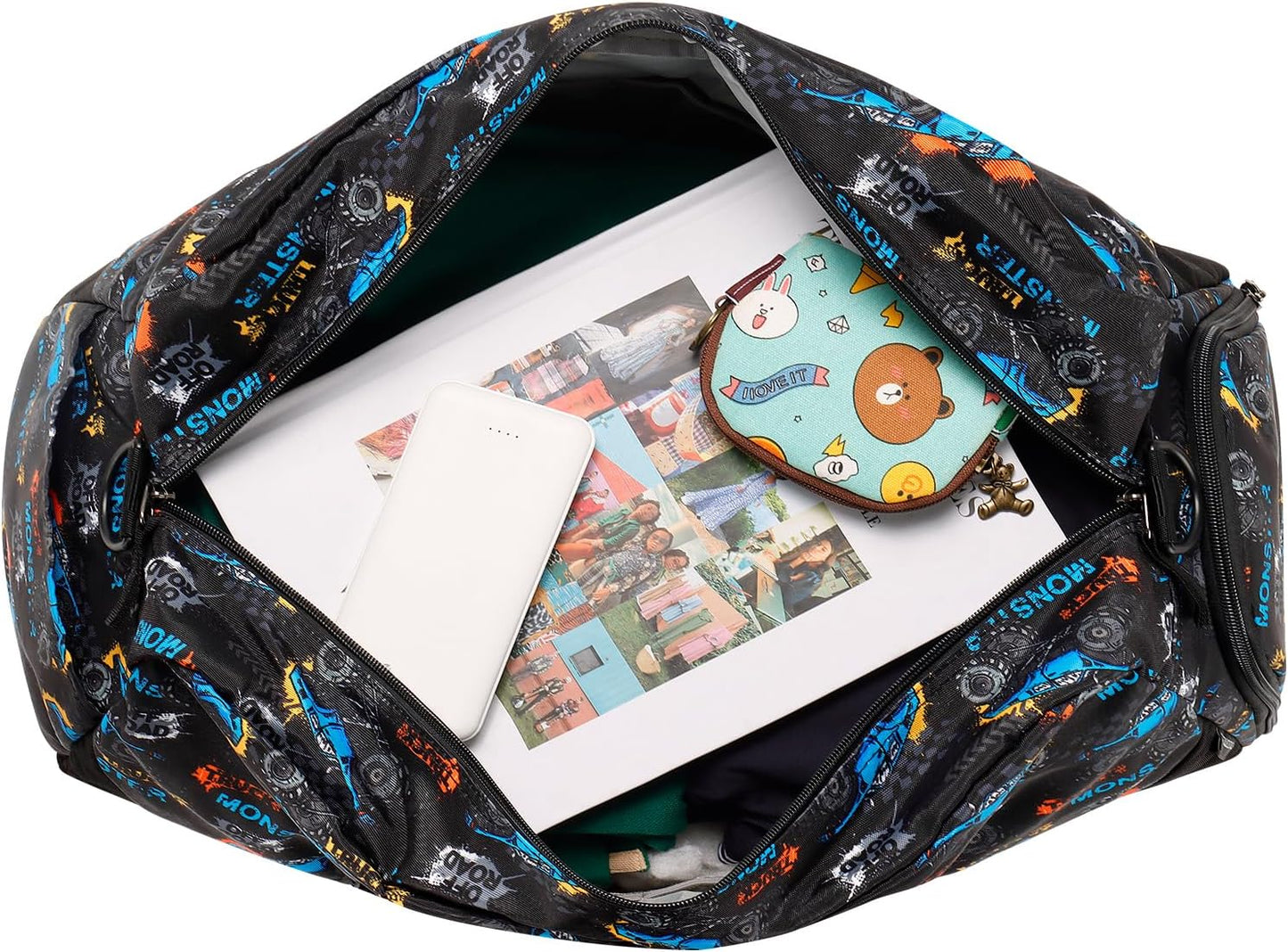 Choco Mocha Kids Monster Truck Duffle Bag - Boys Overnight Bag for Toddler Travel & Sleepover - Black