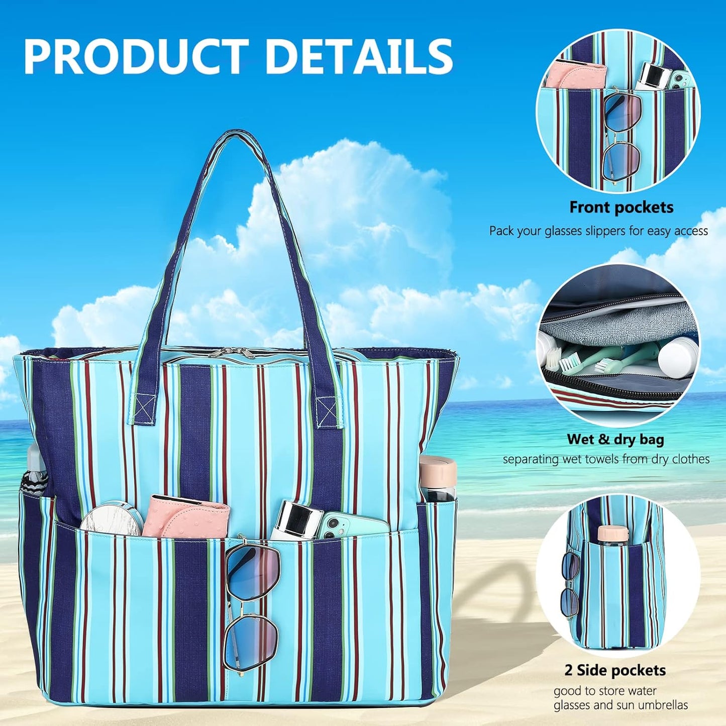 LEDAOU Beach Bag Waterproof Sandproof Women Tote Bag Pool Bag with Zipper for Gym Grocery Travel with Wet Pocket
