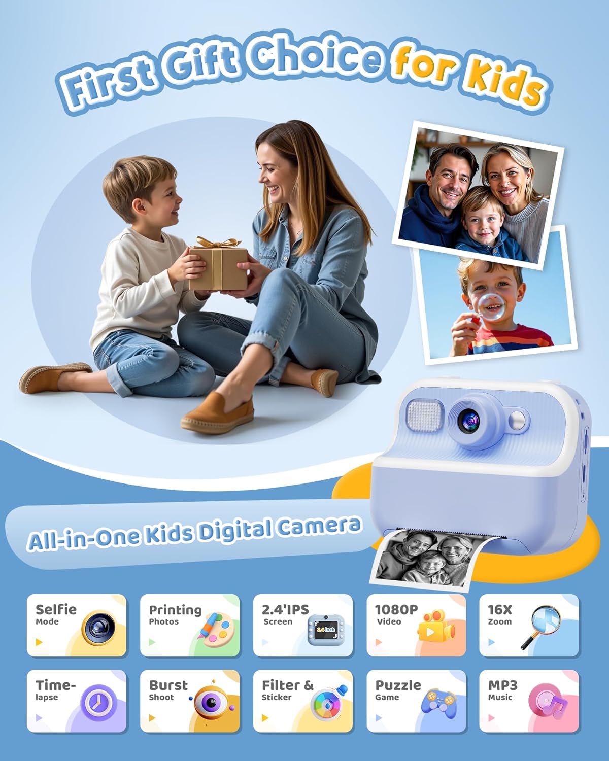 Instant Camera, Front Rear Dual Selfie Kids Camera with 1080P Videos, Holiday Birthday Gifts for Kids Age 3-12, Toddler Portable Travel Print Digital Camera Toy for 4 5 6 7 8 9 Year Boys Girls