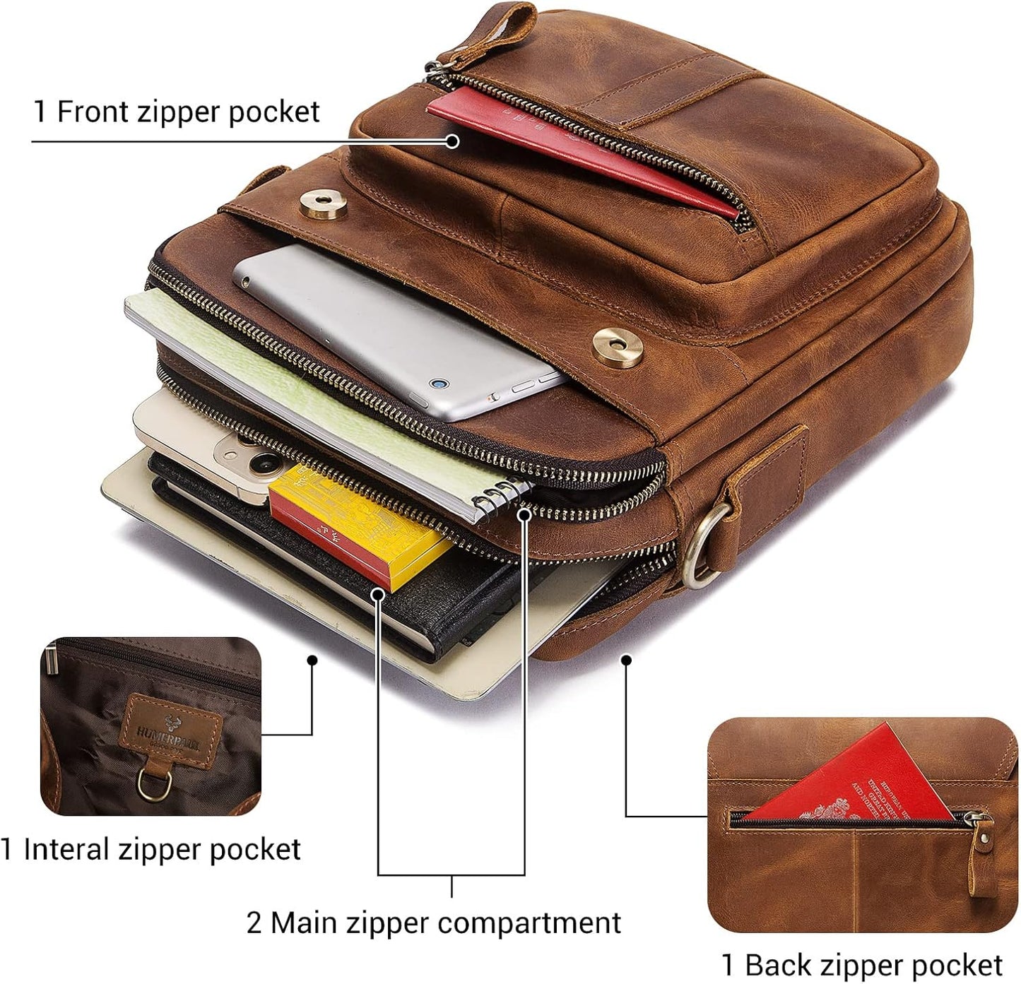 Leather Messenger Bag for Men, Shoulder Crossbody Bag with Adjustable Straps for Work Business