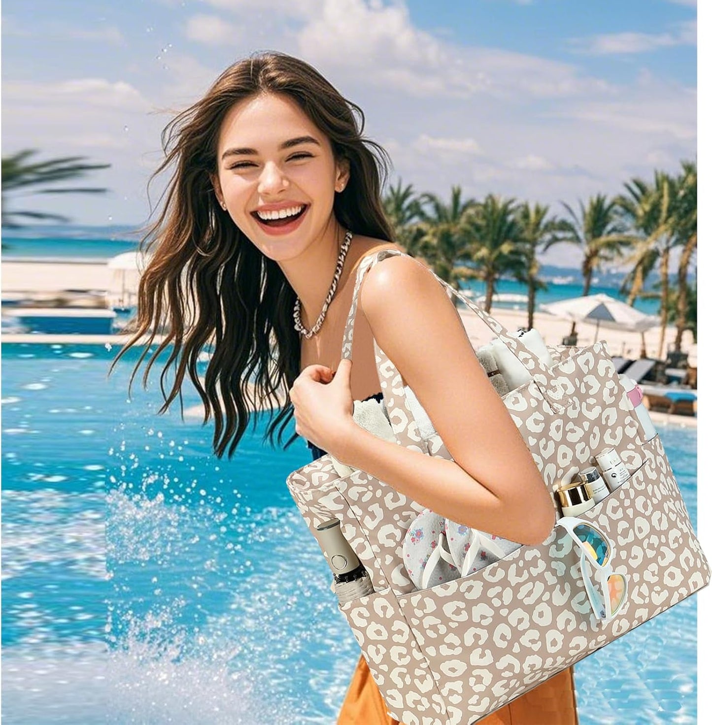 LEDAOU Beach Bag Waterproof Sandproof Women Tote Bag Pool Bag with Zipper for Gym Grocery Travel with Wet Pocket