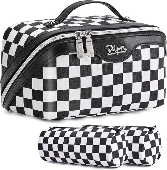 BOYATU Travel Makeup Bag Cosmetic Bags for Women: Large Make up Bags Set of 3 - Portable Makeup Organizer with Compartments&Handle&Divider - Waterproof PU Leather Toiletry Bag(A-5-Checkered Mix Black)