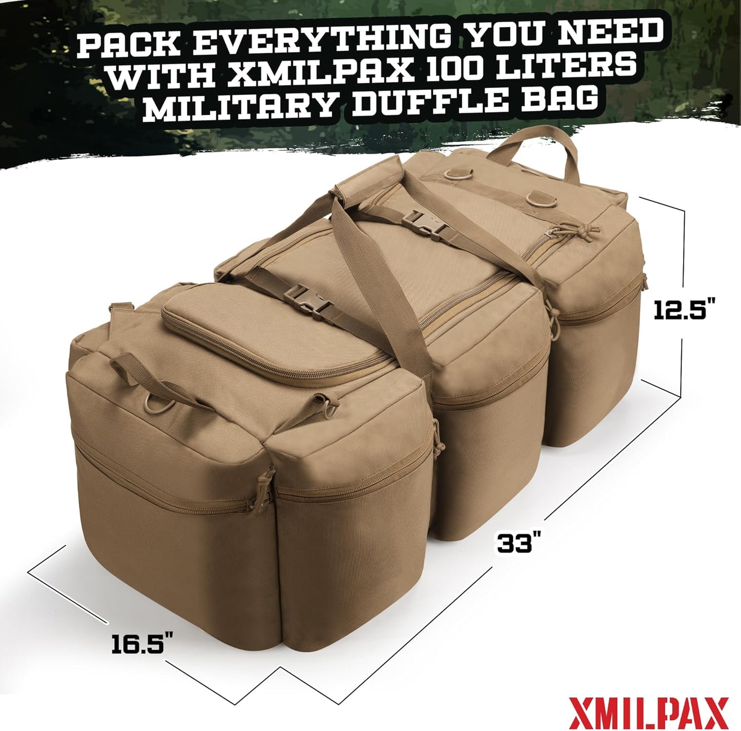 100L Large Military Duffle Bag Deployment Duffel Bag Sports Equipment Travel Luggage Bag with Detachable Backpack Straps…