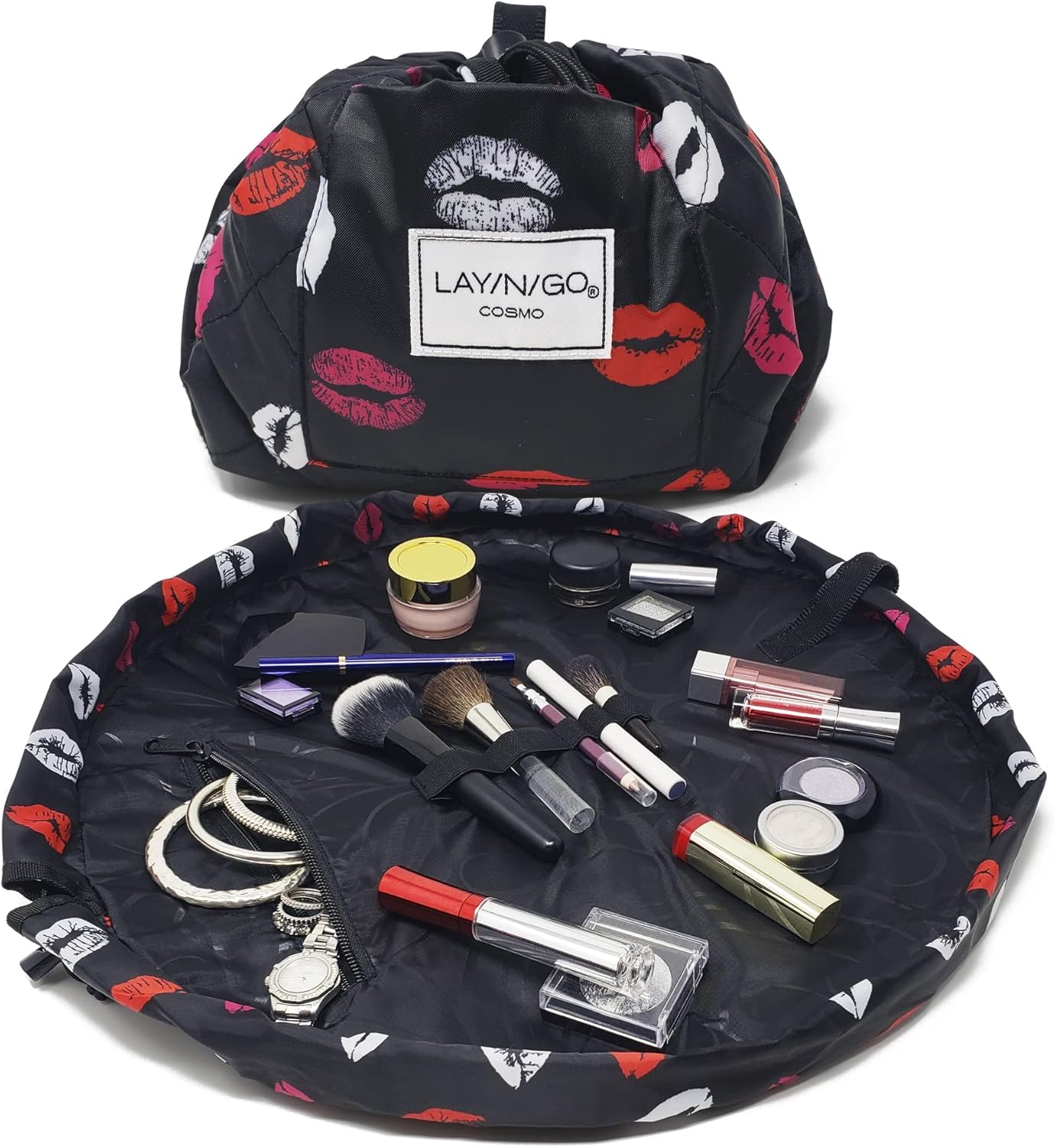 Lay-n-Go Cosmo Layflat Drawstring Cosmetic & Makeup Bag Organizer w/Zipper Pocket, Brush Loops & More, Cinch to Close, Lay Flat to Use, Durable, Machine Wash, Travel Toiletry Bag (20", Lips/Black)
