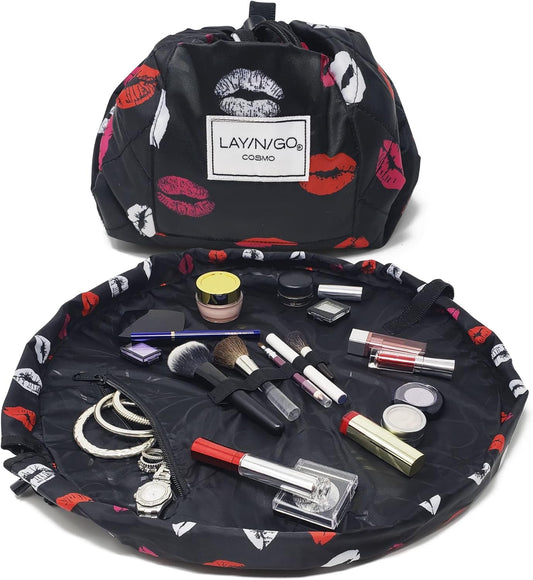 Lay-n-Go Cosmo Layflat Drawstring Cosmetic & Makeup Bag Organizer w/Zipper Pocket, Brush Loops & More, Cinch to Close, Lay Flat to Use, Durable, Machine Wash, Travel Toiletry Bag (20", Lips/Black)