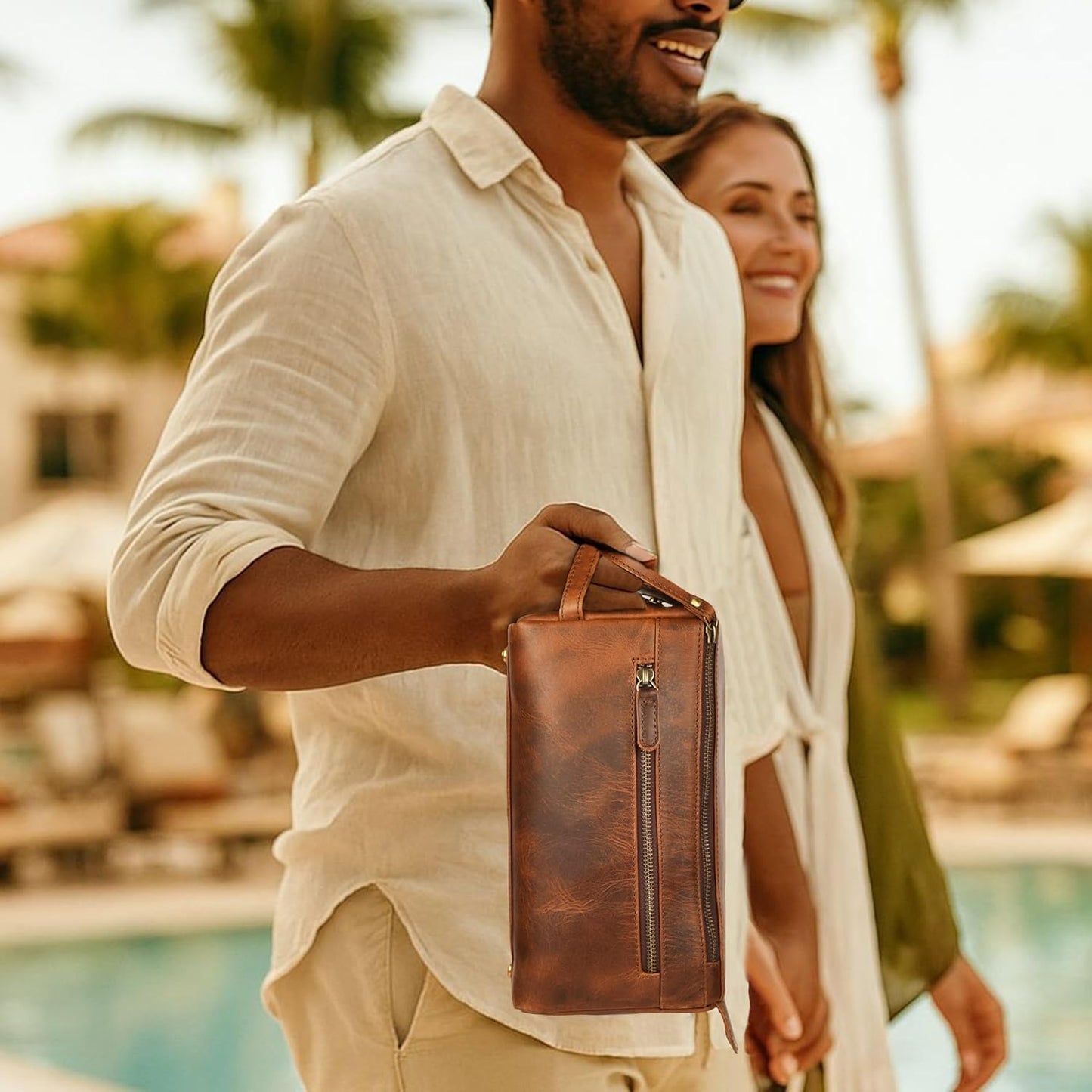 Leather Travel Toiletry Bag for Men & Women – Genuine Leather Dopp Kit, Shaving Organizer, Waterproof Lining, Spacious Toiletry Organizer Gift for Unisex- Rustic Brown