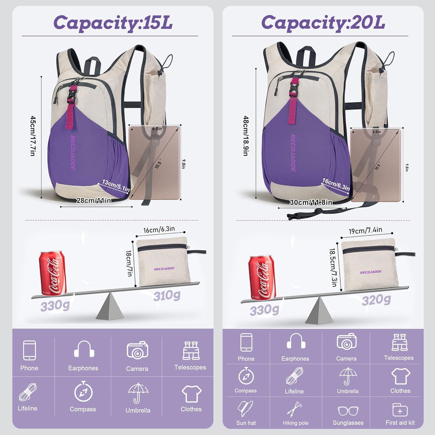 15L Small Hiking Backpack for Men Women Foldable Packable Back Pack Ultralight Hiking Daypack for Travel Camping Outdoor, Beige Purple