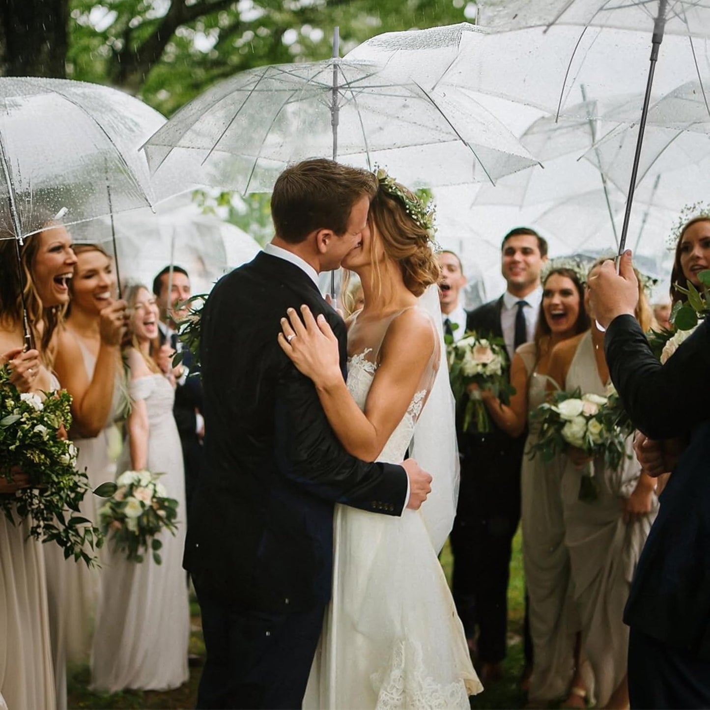 12 Pack Clear Wedding Umbrellas Bulk Transparent Auto Open Close Windproof Waterproof Stick Umbrellas with White J-Hook Handle for Brides, Grooms, Photography & Outdoor Events