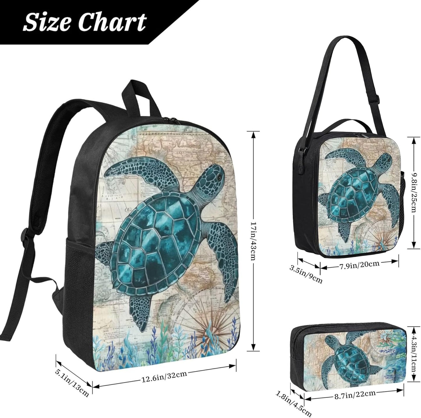 Sea Turtles Ocean Kid Backpack Set with Lunch Bag & Pencil Case Large Capacity School Bag 17 Inch Bookbag for Boy Girl
