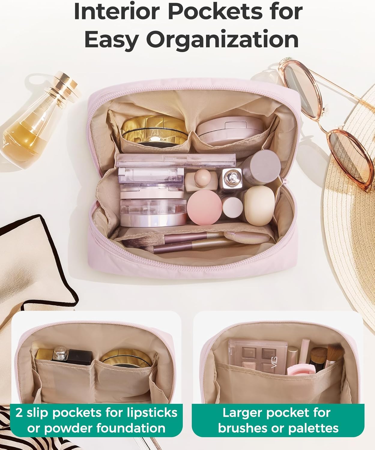 BAGSMART Makeup Bag, Wide Opening Cosmetic Bag Compact & Spacious, Water-Resistant Travel Organizer Pouches for Women (Nude Pink)