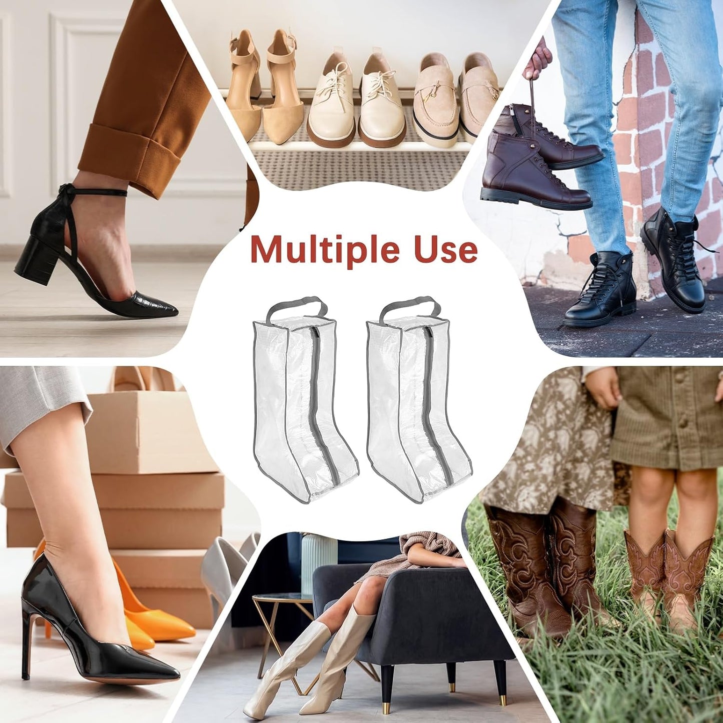 Boot Storage Bags [2PCS] - Plastic Tall Boot Carry Bags Clear Shoe Bags with Handle for Travel & Daily Use - [Gray] Waterproof & DustProof Boot Bags for Cowboy Boots