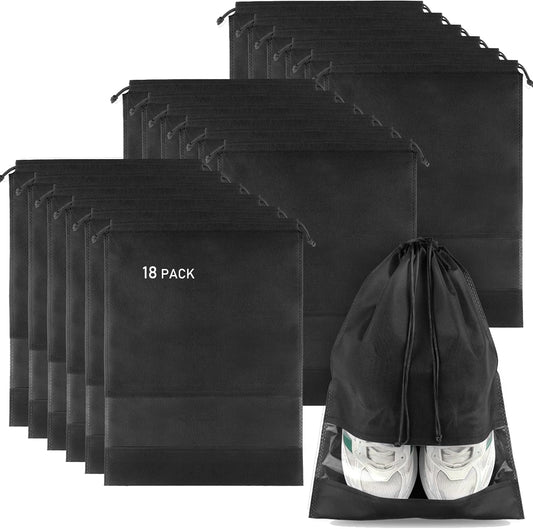 18 Pack Shoe Bags for Travel, Large Travel Shoe Bags for Packing with Clear Window, Dustproof Drawstring Travel Shoe Storage Bags Travel Essentials for Men & Women, Black