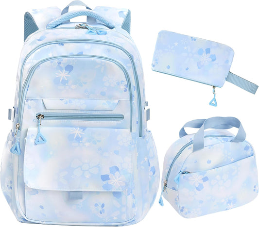 Kids Backpack for Girls Flower schoolbag with Lunch Bag & Pen Case Waterproof Girl Bookbag for Elementary school (blue)