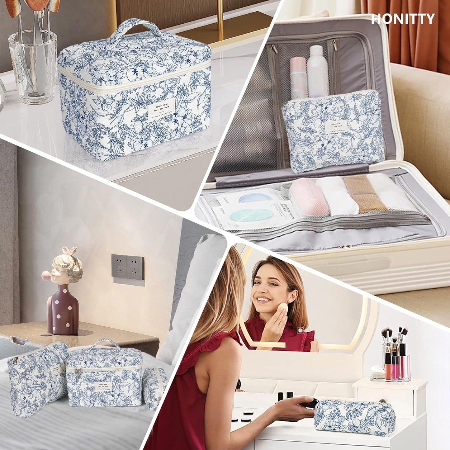 Makeup Bag,Quilted Cosmetic Bags,Large Floral Make Up Organize bag,Makeup Bag Set for Women,Flower Travel Toiletry Bag