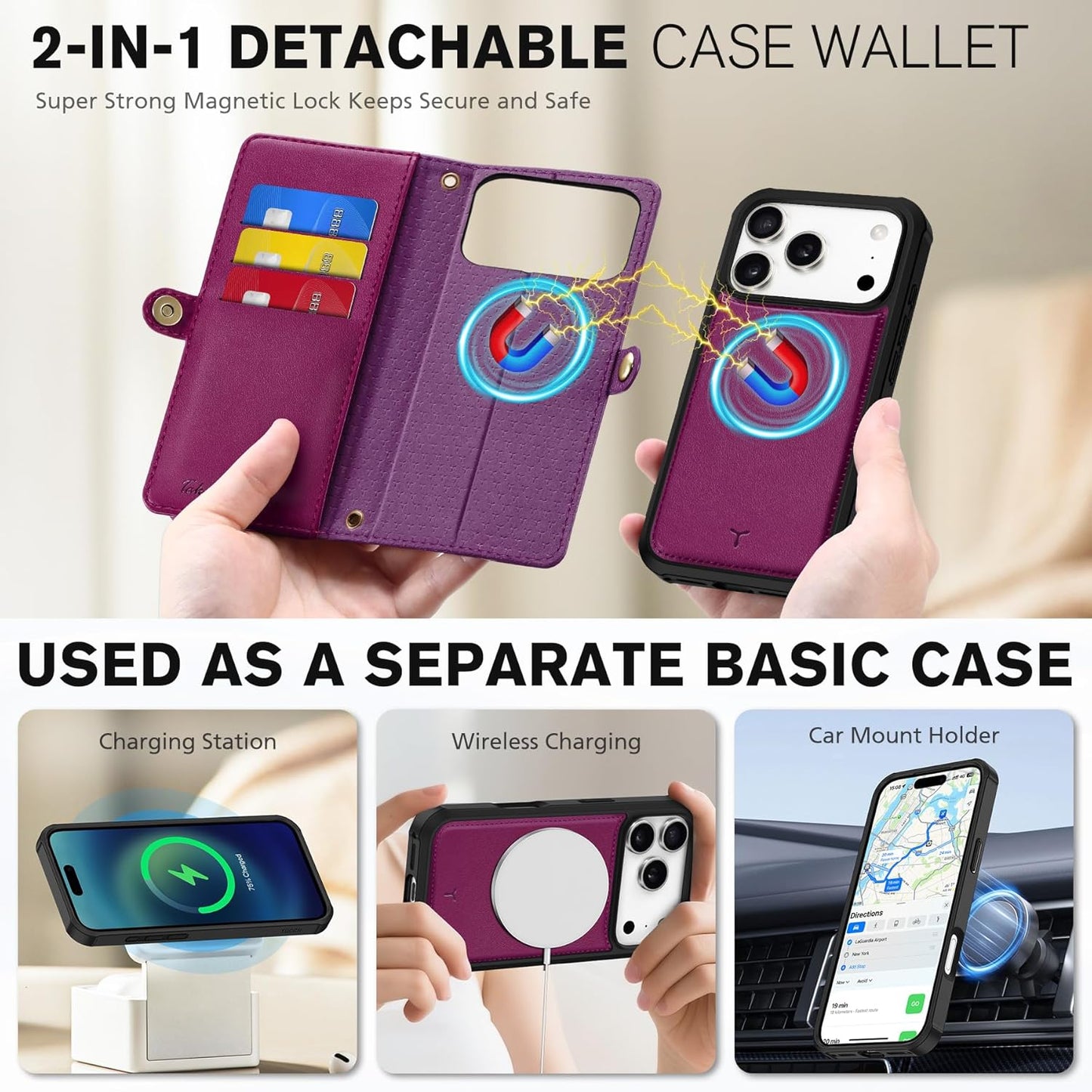 TUCCH Crossbody Detachable Wallet Case for iPhone 17 Pro 6.3" 2025, 9 Card Holders RFID Blocking, Wireless Charging, Stand, Wrist Strap Lanyard, Zipper Pocket, PU Leather Shockproof Cover, Plum Purple