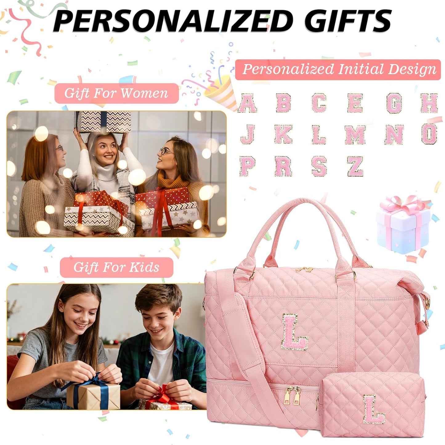 Gifts for Women Girls Initial Travel Duffle Bag Quilted Weekender Carry-On Overnight with Cosmetic Bag, Gym Bag with Shoe Compartment Hospital Bag for Labor Delivery, Pink L