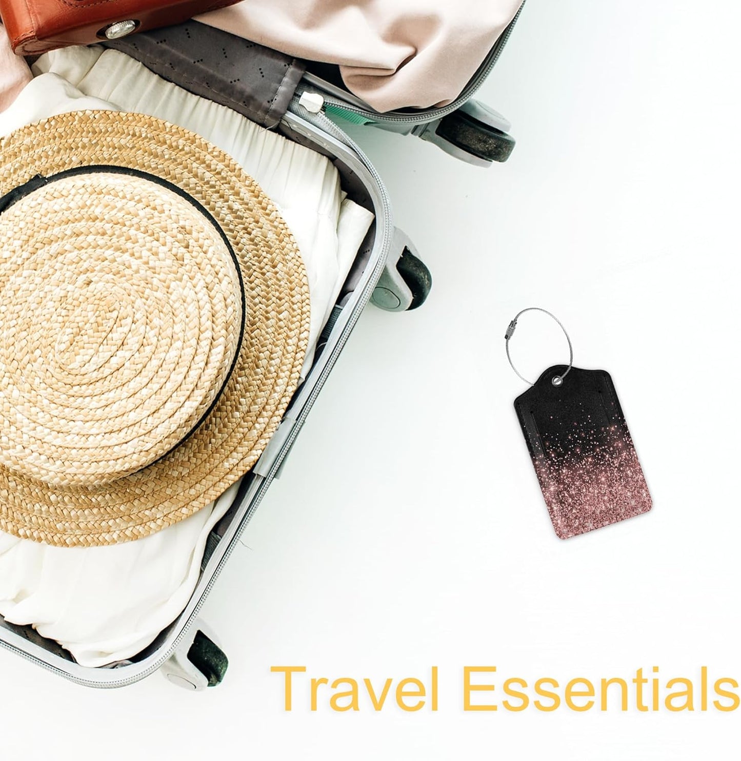 Leather Luggage Tags for Adults Teens,2 Pack Rose Gold Glitter Travel Bag Suitcase Labels with Stainless Steel Loop ID Tags Card Baggage Bag Label