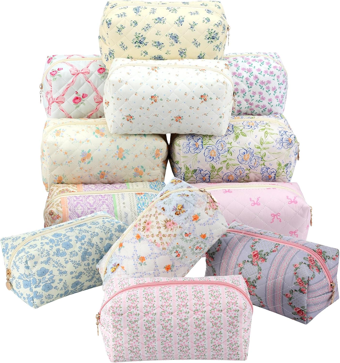 12 Packs Quilted Makeup Bag Flower Theme Toiletry Cosmetic Bag Aesthetic Makeup Pouch Floral Emergency Kit Pouch for Traveling