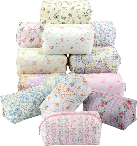 12 Packs Quilted Makeup Bag Flower Theme Toiletry Cosmetic Bag Aesthetic Makeup Pouch Floral Emergency Kit Pouch for Traveling
