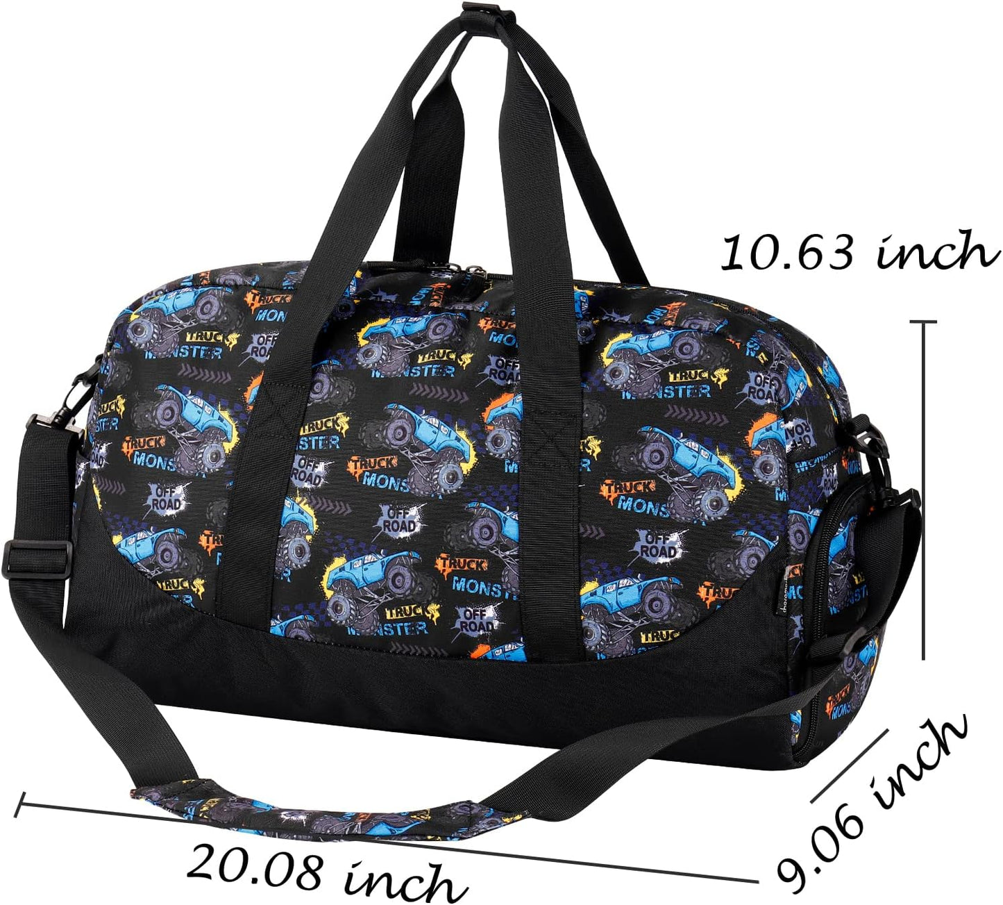 Choco Mocha Kids Monster Truck Duffle Bag - Boys Overnight Bag for Toddler Travel & Sleepover - Black