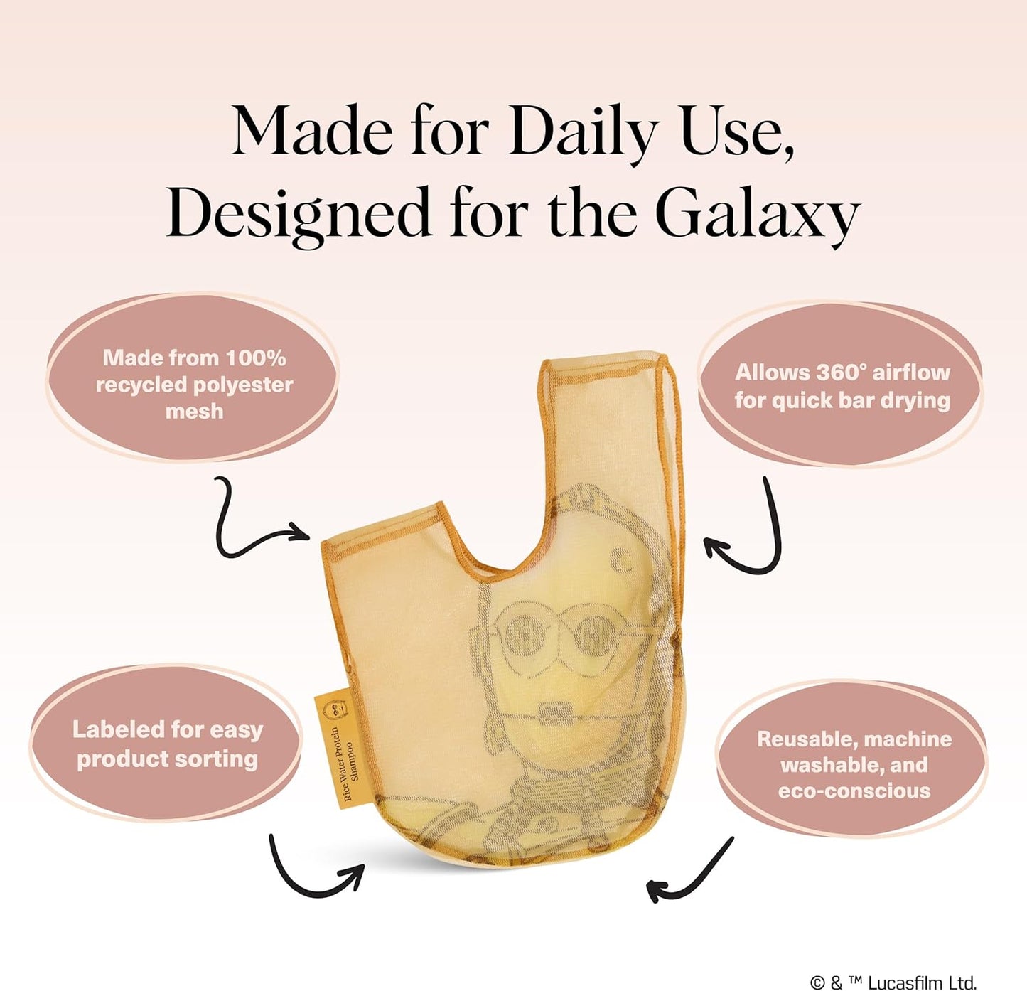 Kitsch x Star Wars C-3PO Soap Saver Bag – Patented Mesh Bag Soap Holder for Shampoo & Conditioner Bars - Extends Use & Prevents Soggy Mess - Recycled Mesh Beauty Pouch, Eco-Friendly