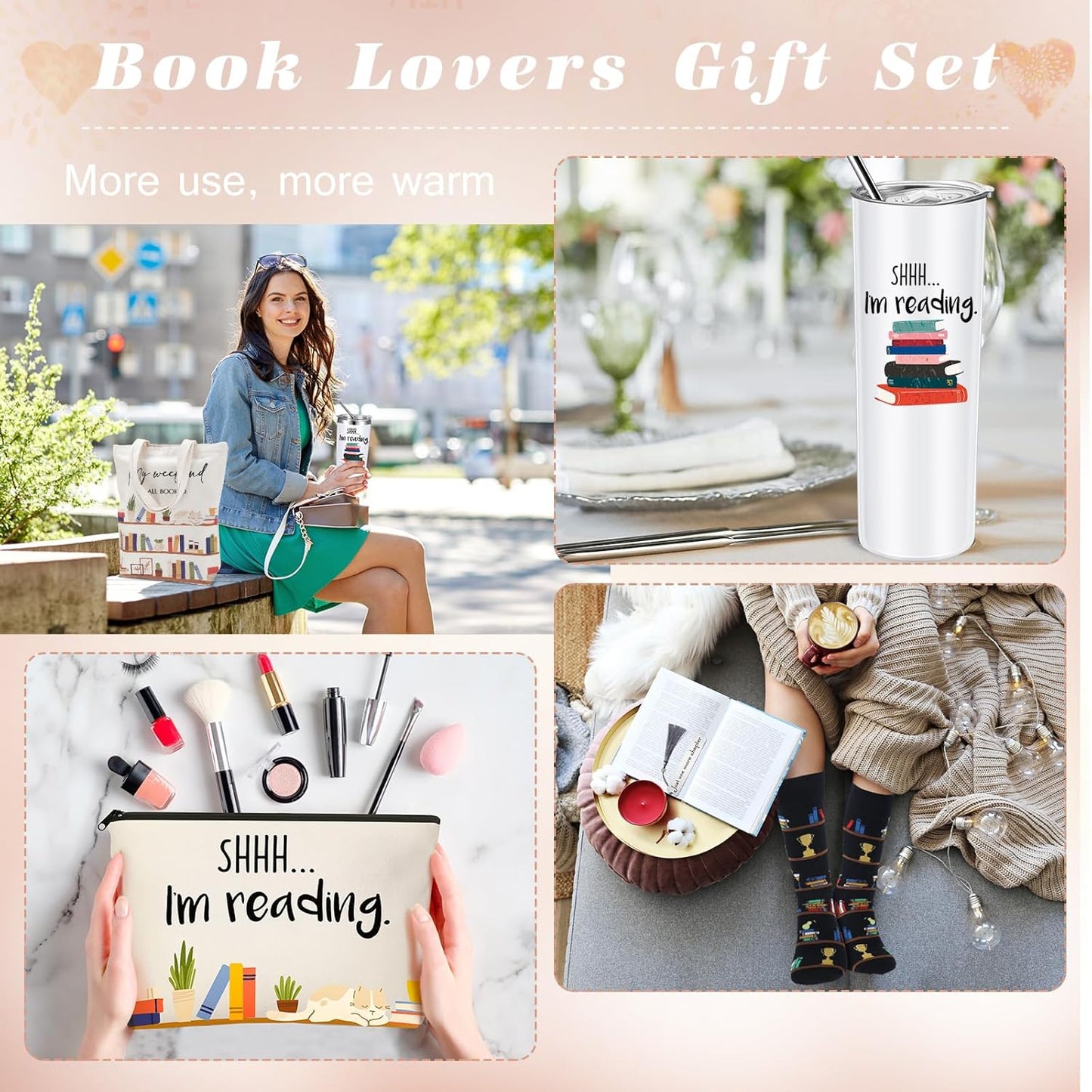 Silkfly 5 Pcs Book Lovers Gifts Set, Gifts for Book Lovers, Includes 20 oz Tumbler Socks Bookmark Tote Bag and Cosmetic Bag