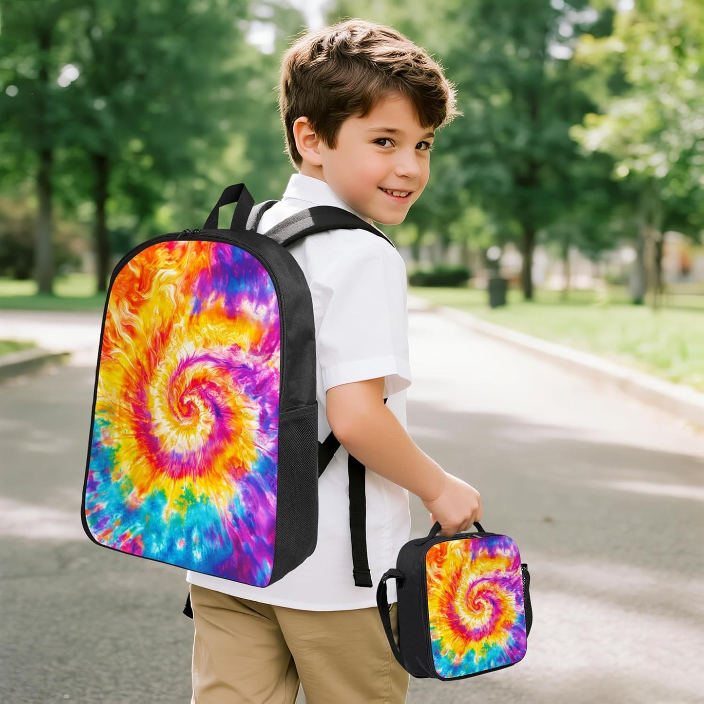 Tie Dye Kid Backpack Set with Lunch Bag & Pencil Case Large Capacity School Bag 17 Inch Bookbag for Boy Girl