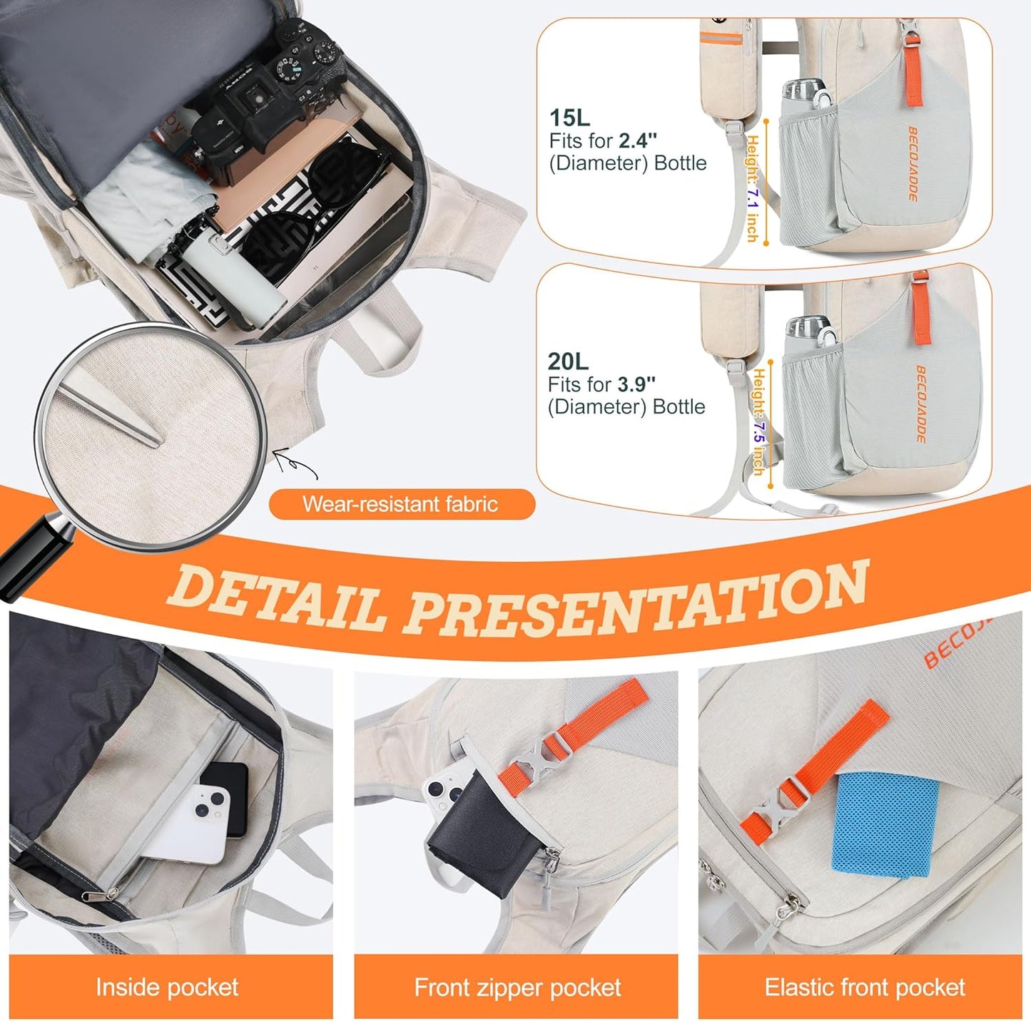 15L Small Hiking Backpack for Men Women Foldable Packable Back Pack Ultralight Hiking Daypack for Travel Camping Outdoor, Beige