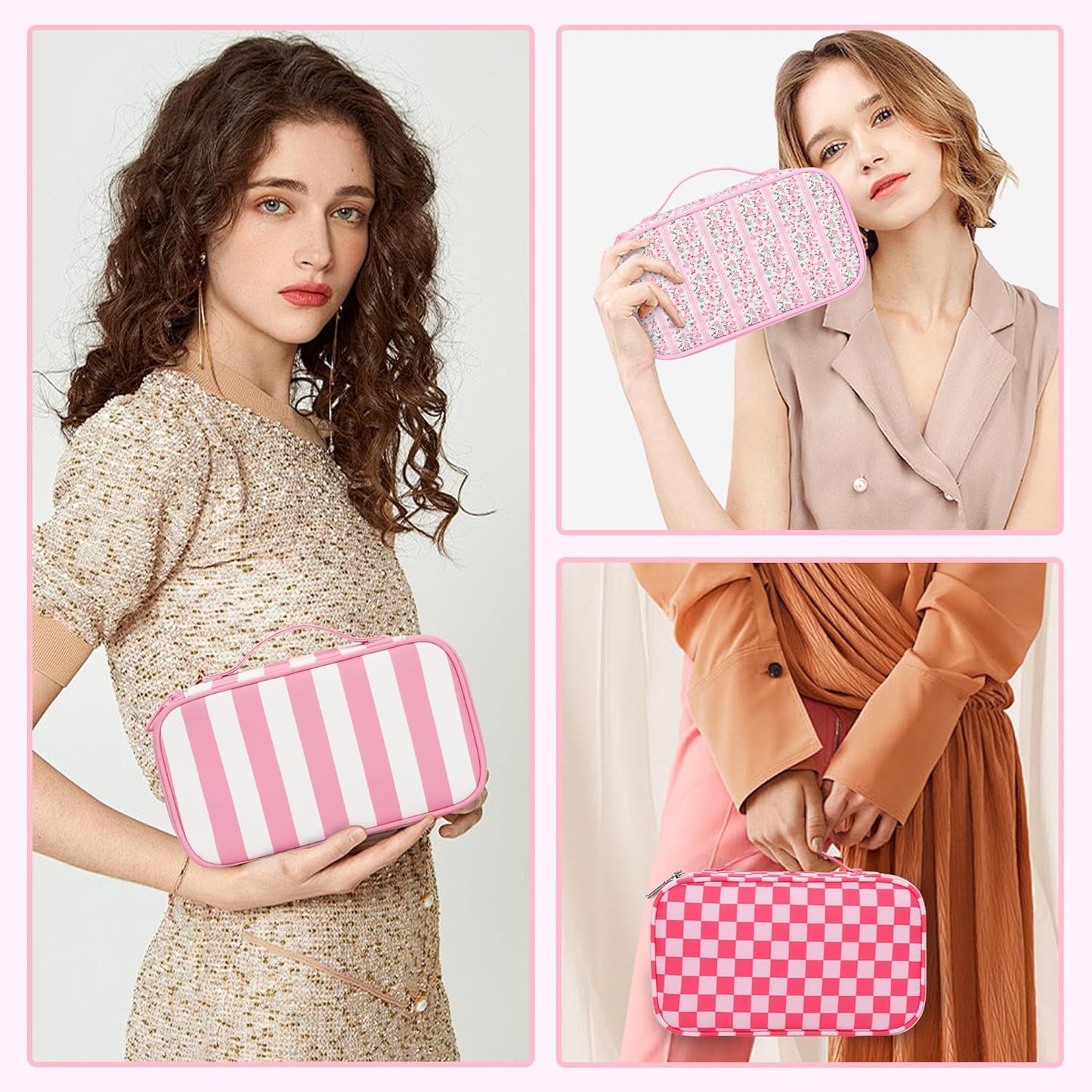 Relavel Travel Makeup Bag, Small Floral Cosmetic Bag with Makeup Brush Compartment, Portable Makeup Pouch for Women, Double Layer Makeup Organizer Bag Cute Toiletry Bag, Wide Strip