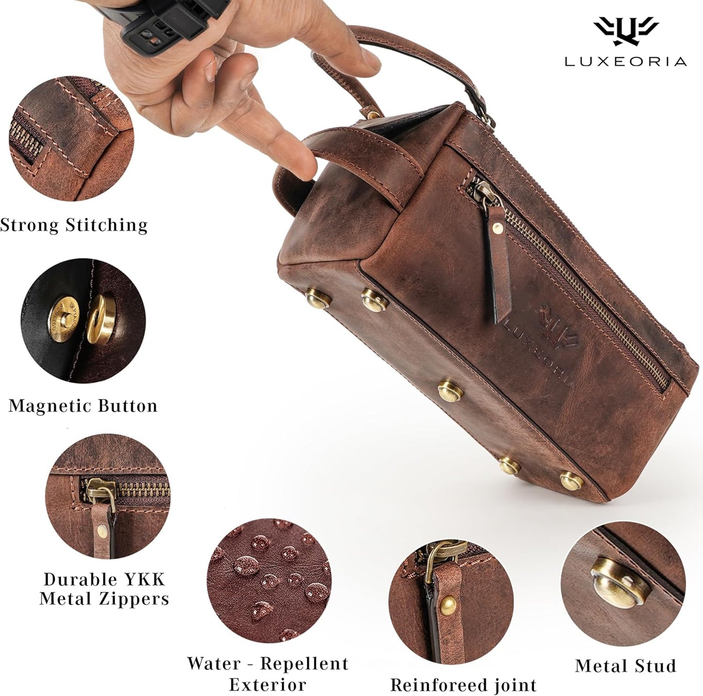 LUXEORIA Genuine Leather Toiletry Bags for Men and Women, Handmade Premium Leather Dopp Kit and Shaving Bag, Cosmetic Bag for Womens and Mens, Travel Essentials & Organizers