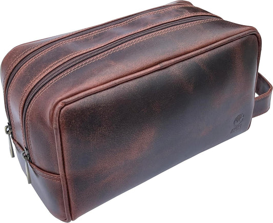 RUSTIC TOWN Leather Toiletry Bag for Men - Travel Shaving Ditty Kit - Bathroom Shower Toiletries Organizer - Leather Cosmetic Bag for Women (Walnut Brown)