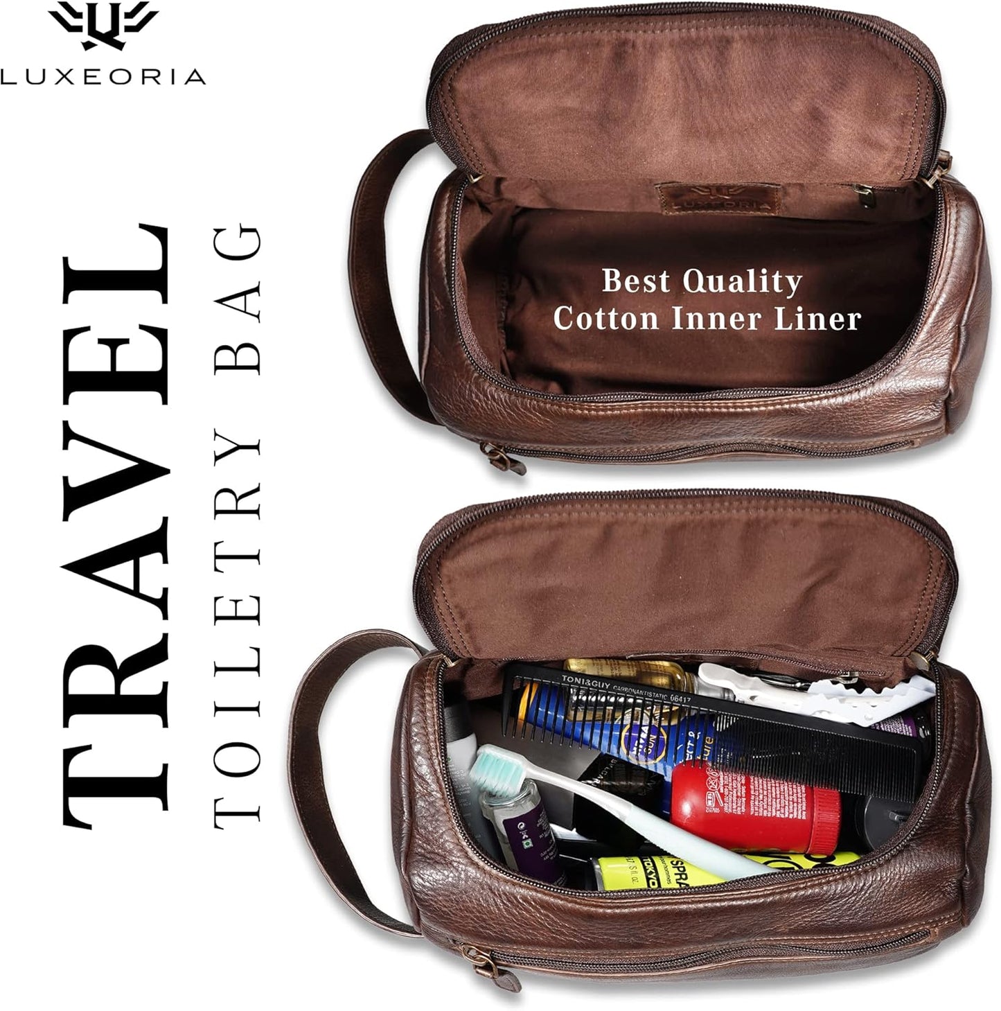 LUXEORIA Genuine Leather Toiletry Bags for Men and Women, Handmade Premium Leather Dopp Kit and Shaving Bag, Cosmetic Bag for Womens and Mens, Travel Essentials & Organizers