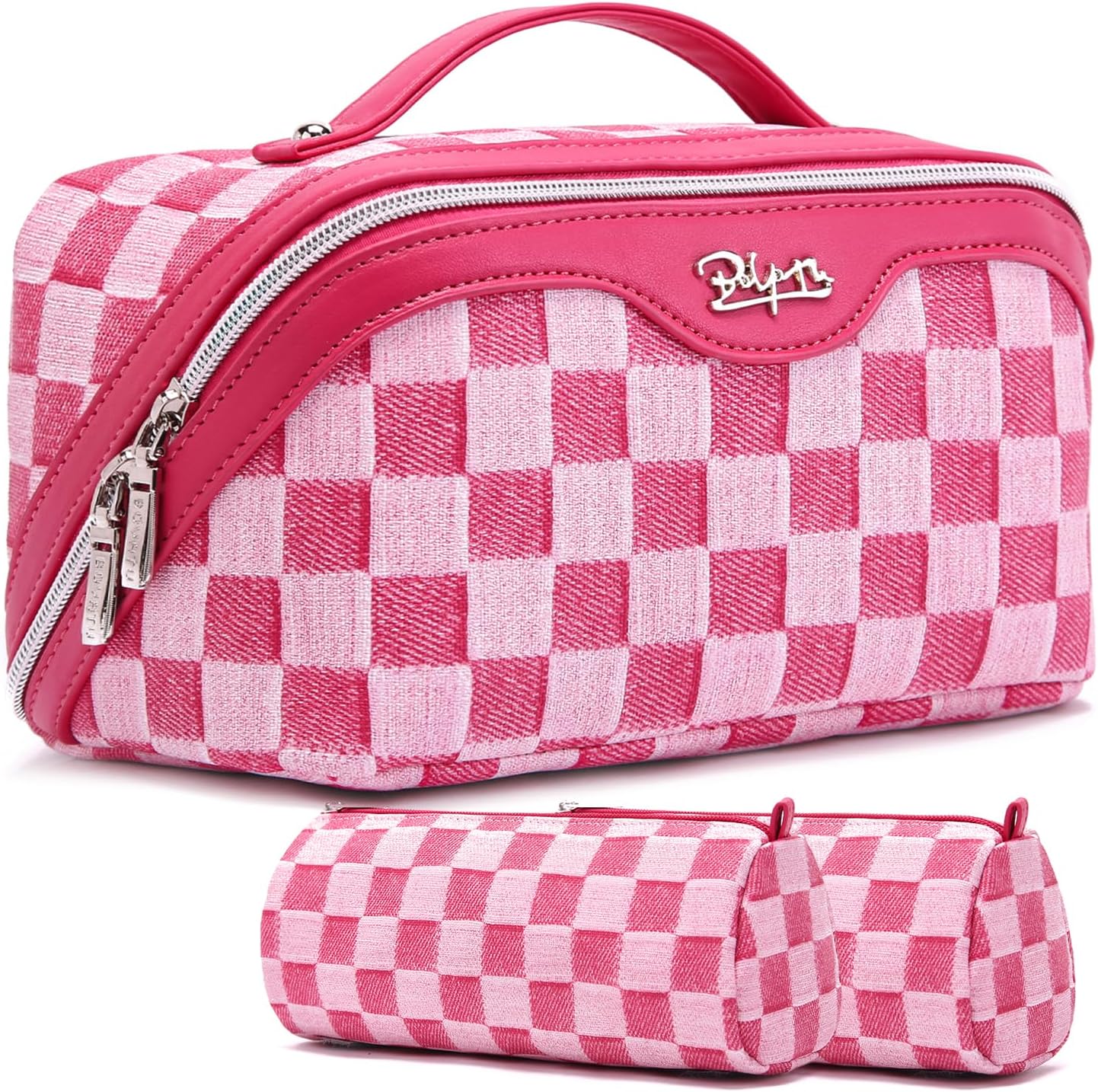 BOYATU Travel Makeup Bag for Women: Large Cosmetic Bag Set of 3 - PU Leather Make up Bag with Compartments - Compact Waterproof Toiletry Bag with Divider & Handle (D-4-Red)