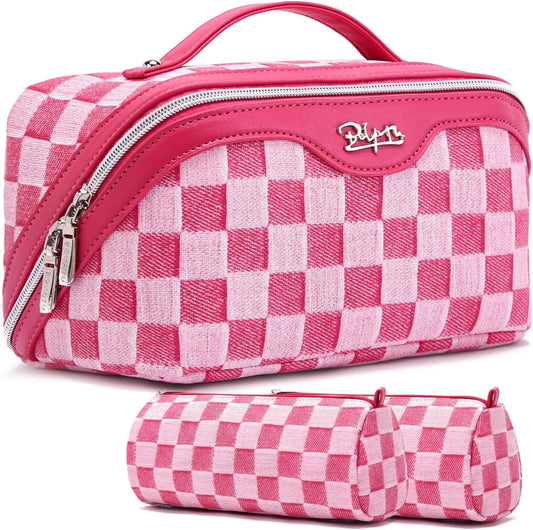 BOYATU Travel Makeup Bag for Women: Large Cosmetic Bag Set of 3 - PU Leather Make up Bag with Compartments - Compact Waterproof Toiletry Bag with Divider & Handle (D-4-Red)