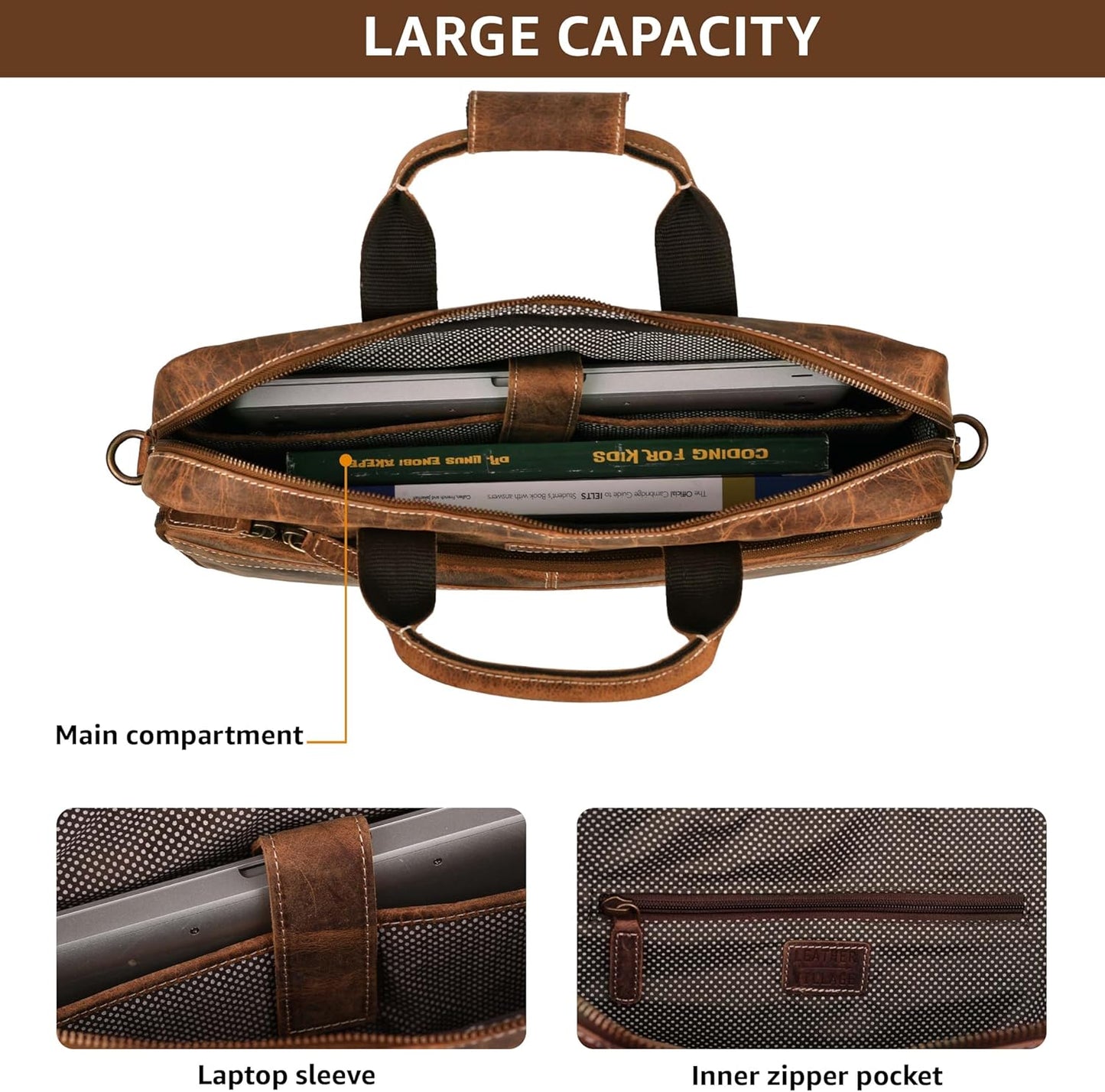 LEATHER VILLAGE 18" Leather Laptop Messenger Briefcase Bag for Men-Leather Satchel for Travel and Office Shoulder Bag- Sun Tan Brown