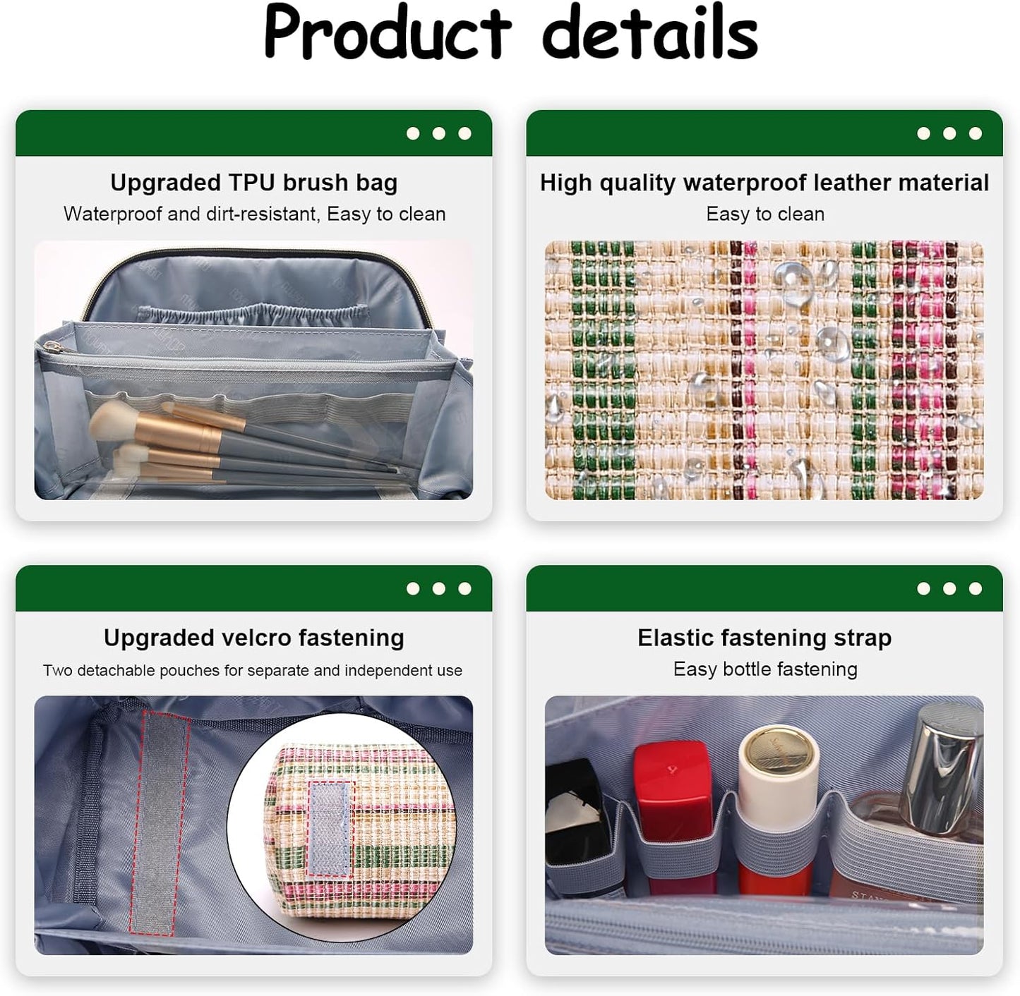 BOYATU Travel Makeup Bag for Women: Large Capacity Open Flat Make up Bag Set of 3 - Vegan Leather Cosmetic Bag with Compartments - Waterproof Toiletry Bag with Handle & Divider(I-3-Green)