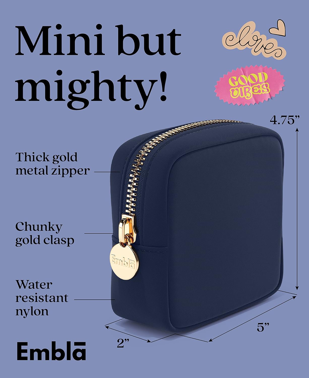 Embla Makeup Bag Travel Cosmetics Pouch and Toiletry Bag, Nylon Zipper Pouch Purse, Cute Make Up Organizer Storage Tote for Women Girls, Travel Skincare Case, Small Makeup Bags, Sapphire