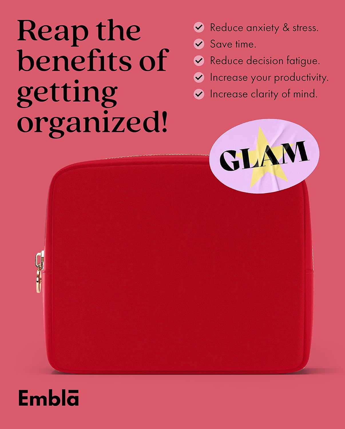 Embla Makeup Bag Travel Cosmetics Pouch and Toiletry Bag, Nylon Zipper Pouch Purse, Cute Make Up Organizer Storage Tote for Women Girls, Waterproof Travel Skincare Case, Small Makeup Bags, Ruby Red